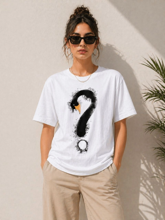 Kadın Kuğu Figürlü Soru İşareti Baskılı Tişört Kısa Kol T-shirt - Beyaz