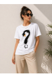 Kadın Kuğu Figürlü Soru İşareti Baskılı Tişört Kısa Kol T-shirt - Beyaz