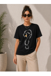 Kadın Kuğu Figürlü Soru İşareti Baskılı Tişört Kısa Kol T-shirt - Siyah