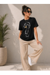 Kadın Kuğu Figürlü Soru İşareti Baskılı Tişört Kısa Kol T-shirt - Siyah