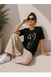 Kadın Kuğu Figürlü Soru İşareti Baskılı Tişört Kısa Kol T-shirt - Siyah