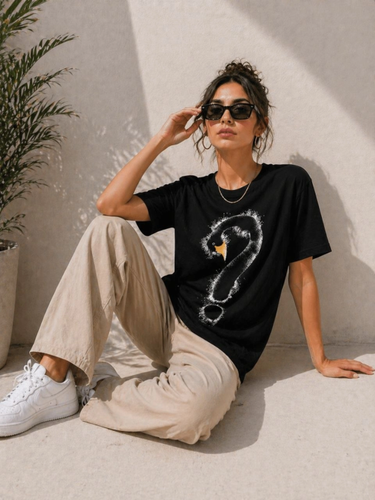 Kadın Kuğu Figürlü Soru İşareti Baskılı Tişört Kısa Kol T-shirt - Siyah