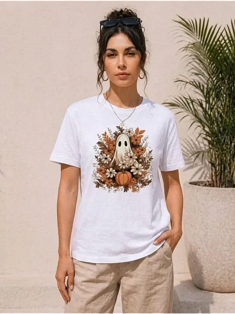 Kadın Balkabağı Hayalet Baskılı Tişört Kısa Kol Yazlık T-shirt - Beyaz