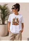 Kadın Balkabağı Hayalet Baskılı Tişört Kısa Kol Yazlık T-shirt - Beyaz