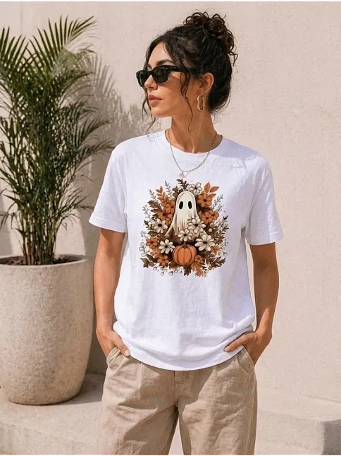 Kadın Balkabağı Hayalet Baskılı Tişört Kısa Kol Yazlık T-shirt - Beyaz