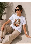 Kadın Balkabağı Hayalet Baskılı Tişört Kısa Kol Yazlık T-shirt - Beyaz
