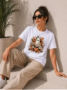 Kadın Balkabağı Hayalet Baskılı Tişört Kısa Kol Yazlık T-shirt - Beyaz