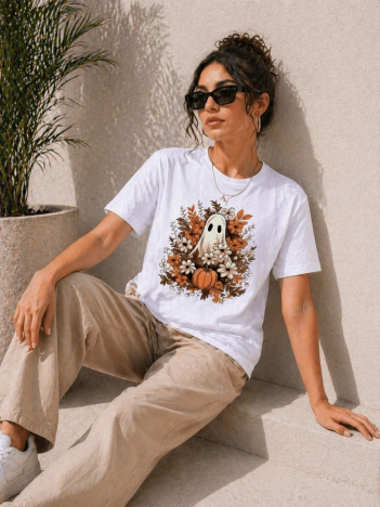 Kadın Balkabağı Hayalet Baskılı Tişört Kısa Kol Yazlık T-shirt - Beyaz