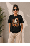 Kadın Balkabağı Hayalet Baskılı Tişört Kısa Kol Yazlık T-shirt - Siyah
