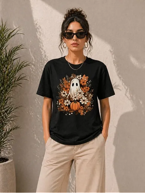 Kadın Balkabağı Hayalet Baskılı Tişört Kısa Kol Yazlık T-shirt - Siyah