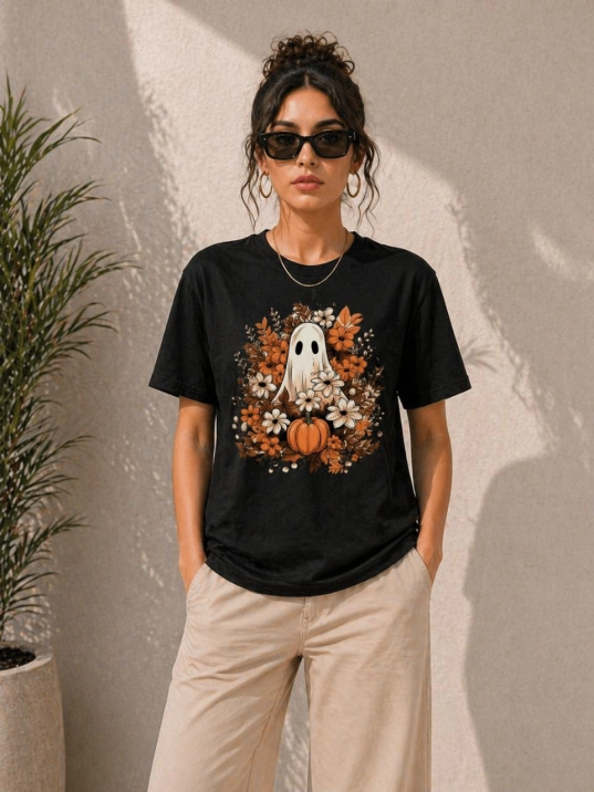 Kadın Balkabağı Hayalet Baskılı Tişört Kısa Kol Yazlık T-shirt - Siyah
