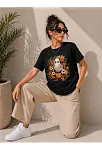 Kadın Balkabağı Hayalet Baskılı Tişört Kısa Kol Yazlık T-shirt - Siyah
