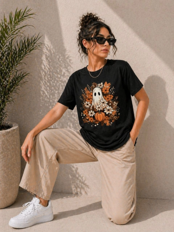 Kadın Balkabağı Hayalet Baskılı Tişört Kısa Kol Yazlık T-shirt - Siyah
