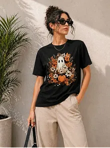 Kadın Balkabağı Hayalet Baskılı Tişört Kısa Kol Yazlık T-shirt - Siyah