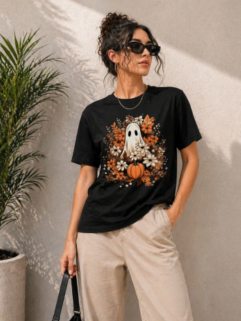 Kadın Balkabağı Hayalet Baskılı Tişört Kısa Kol Yazlık T-shirt - Siyah