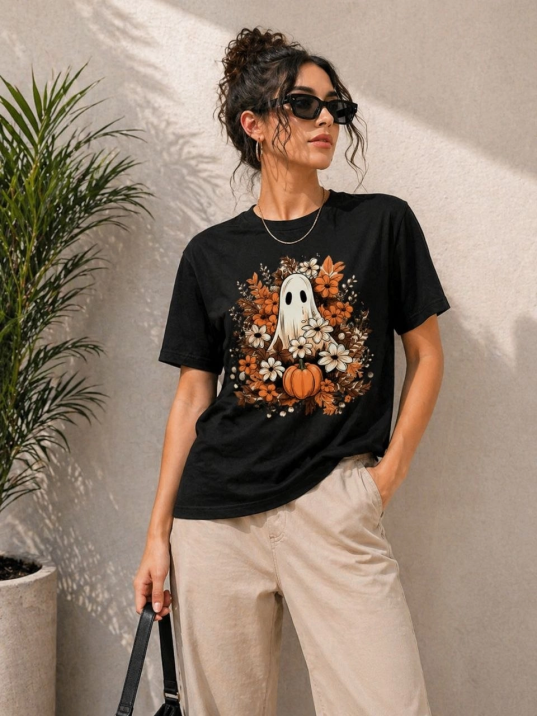 Kadın Balkabağı Hayalet Baskılı Tişört Kısa Kol Yazlık T-shirt - Siyah