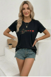 Kadın Minimal Kalp İşaret Baskılı Tişört Kısa Kol Yazlık T-shirt - Siyah