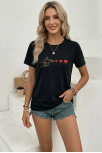 Kadın Minimal Kalp İşaret Baskılı Tişört Kısa Kol Yazlık T-shirt - Siyah