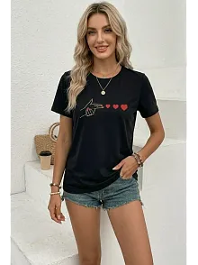 Kadın Minimal Kalp İşaret Baskılı Tişört Kısa Kol Yazlık T-shirt - Siyah