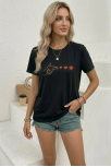 Kadın Minimal Kalp İşaret Baskılı Tişört Kısa Kol Yazlık T-shirt - Siyah