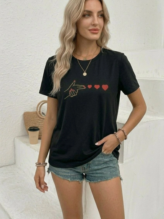 Kadın Minimal Kalp İşaret Baskılı Tişört Kısa Kol Yazlık T-shirt - Siyah
