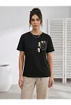 Kadın Sevimli Kedi Cep Baskılı Tişört Kısa Kol Yazlık T-shirt - Siyah Kadın Sevimli Kedi Cep Baskılı Tişört Kısa Kol Yazlık T-shirt - Siyah
