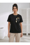 Kadın Sevimli Kedi Cep Baskılı Tişört Kısa Kol Yazlık T-shirt - Siyah