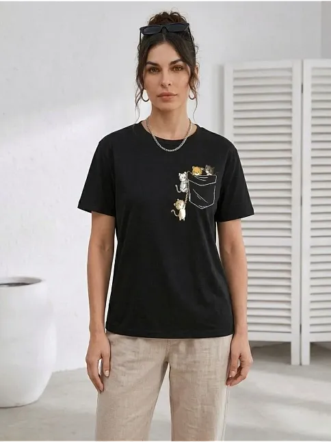 Kadın Sevimli Kedi Cep Baskılı Tişört Kısa Kol Yazlık T-shirt - Siyah Kadın Sevimli Kedi Cep Baskılı Tişört Kısa Kol Yazlık T-shirt - Siyah