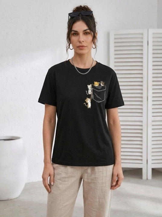 Kadın Sevimli Kedi Cep Baskılı Tişört Kısa Kol Yazlık T-shirt - Siyah