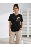 Kadın Sevimli Kedi Cep Baskılı Tişört Kısa Kol Yazlık T-shirt - Siyah