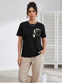 Kadın Sevimli Kedi Cep Baskılı Tişört Kısa Kol Yazlık T-shirt - Siyah