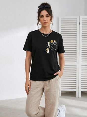 Kadın Sevimli Kedi Cep Baskılı Tişört Kısa Kol Yazlık T-shirt - Siyah