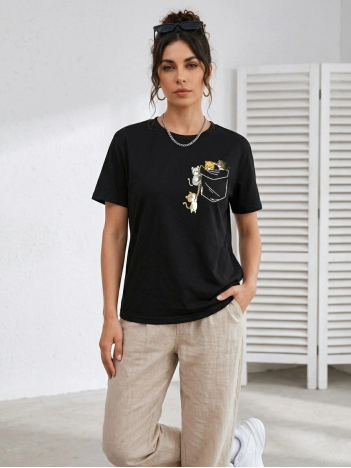Kadın Sevimli Kedi Cep Baskılı Tişört Kısa Kol Yazlık T-shirt - Siyah