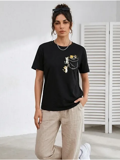 Kadın Sevimli Kedi Cep Baskılı Tişört Kısa Kol Yazlık T-shirt - Siyah Kadın Sevimli Kedi Cep Baskılı Tişört Kısa Kol Yazlık T-shirt - Siyah