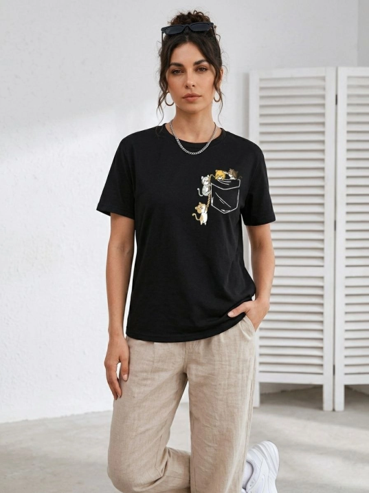 Kadın Sevimli Kedi Cep Baskılı Tişört Kısa Kol Yazlık T-shirt - Siyah