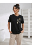 Kadın Sevimli Kedi Cep Baskılı Tişört Kısa Kol Yazlık T-shirt - Siyah