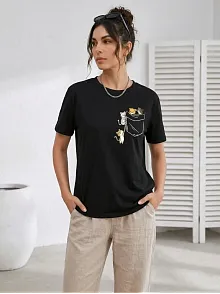 Kadın Sevimli Kedi Cep Baskılı Tişört Kısa Kol Yazlık T-shirt - Siyah
