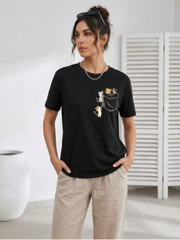 Kadın Sevimli Kedi Cep Baskılı Tişört Kısa Kol Yazlık T-shirt - Siyah