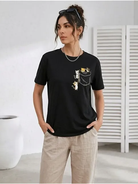 Kadın Sevimli Kedi Cep Baskılı Tişört Kısa Kol Yazlık T-shirt - Siyah Kadın Sevimli Kedi Cep Baskılı Tişört Kısa Kol Yazlık T-shirt - Siyah