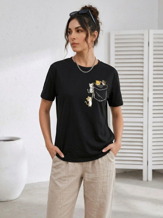 Kadın Sevimli Kedi Cep Baskılı Tişört Kısa Kol Yazlık T-shirt - Siyah