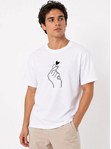 Erkek Kore Parmak Kalp Aşk Temalı Minimal Baskılı Tişört Yazlık Kısa Kol T-shirt - Beyaz