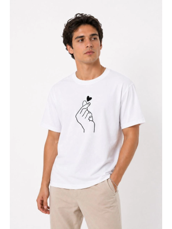 Erkek Kore Parmak Kalp Aşk Temalı Minimal Baskılı Tişört Yazlık Kısa Kol T-shirt - Beyaz