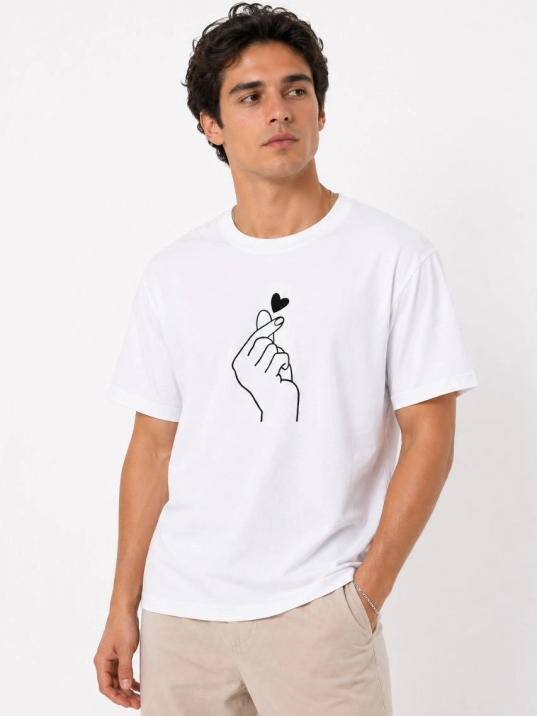 Erkek Kore Parmak Kalp Aşk Temalı Minimal Baskılı Tişört Yazlık Kısa Kol T-shirt - Beyaz