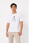 Erkek Kore Parmak Kalp Aşk Temalı Minimal Baskılı Tişört Yazlık Kısa Kol T-shirt - Beyaz