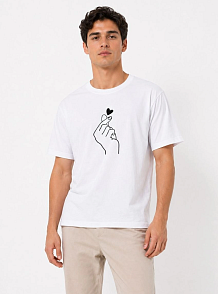 Erkek Kore Parmak Kalp Aşk Temalı Minimal Baskılı Tişört Yazlık Kısa Kol T-shirt - Beyaz