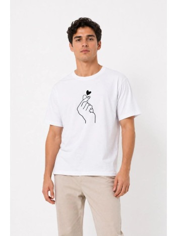 Erkek Kore Parmak Kalp Aşk Temalı Minimal Baskılı Tişört Yazlık Kısa Kol T-shirt - Beyaz
