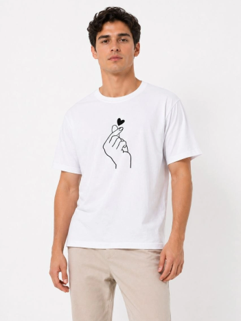 Erkek Kore Parmak Kalp Aşk Temalı Minimal Baskılı Tişört Yazlık Kısa Kol T-shirt - Beyaz