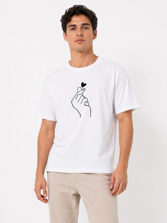 Erkek Kore Parmak Kalp Aşk Temalı Minimal Baskılı Tişört Yazlık Kısa Kol T-shirt - Beyaz