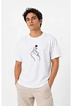 Erkek Kore Parmak Kalp Aşk Temalı Minimal Baskılı Tişört Yazlık Kısa Kol T-shirt - Beyaz