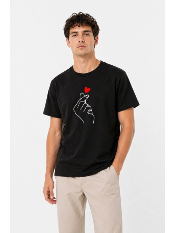 Erkek Kore Parmak Kalp Aşk Temalı Minimal Baskılı Tişört Yazlık Kısa Kol T-shirt - Siyah